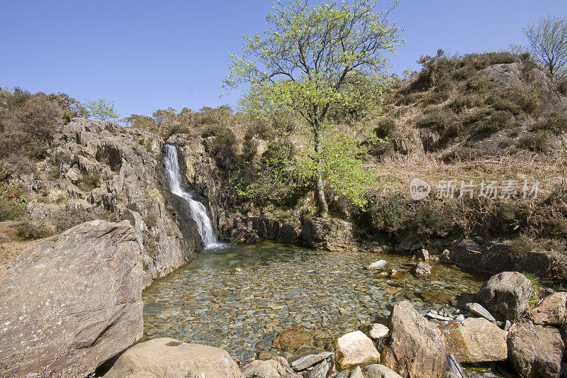 瀑布在Moel y Dyniewyd, Beddgelert附近，Eryri(斯诺登尼亚国家公园)